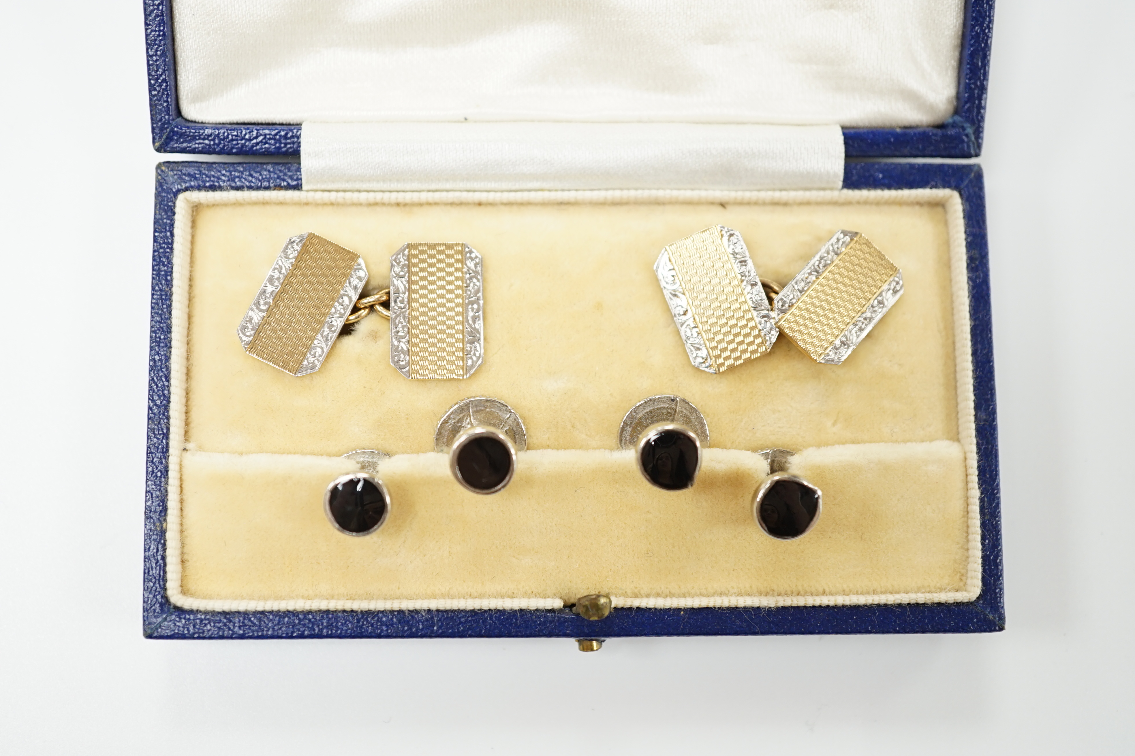 A pair of 1930's 9ct gold and plat, rectangular cufflinks, 15mm, gross 6.6 grams, together with four base metal dress studs.